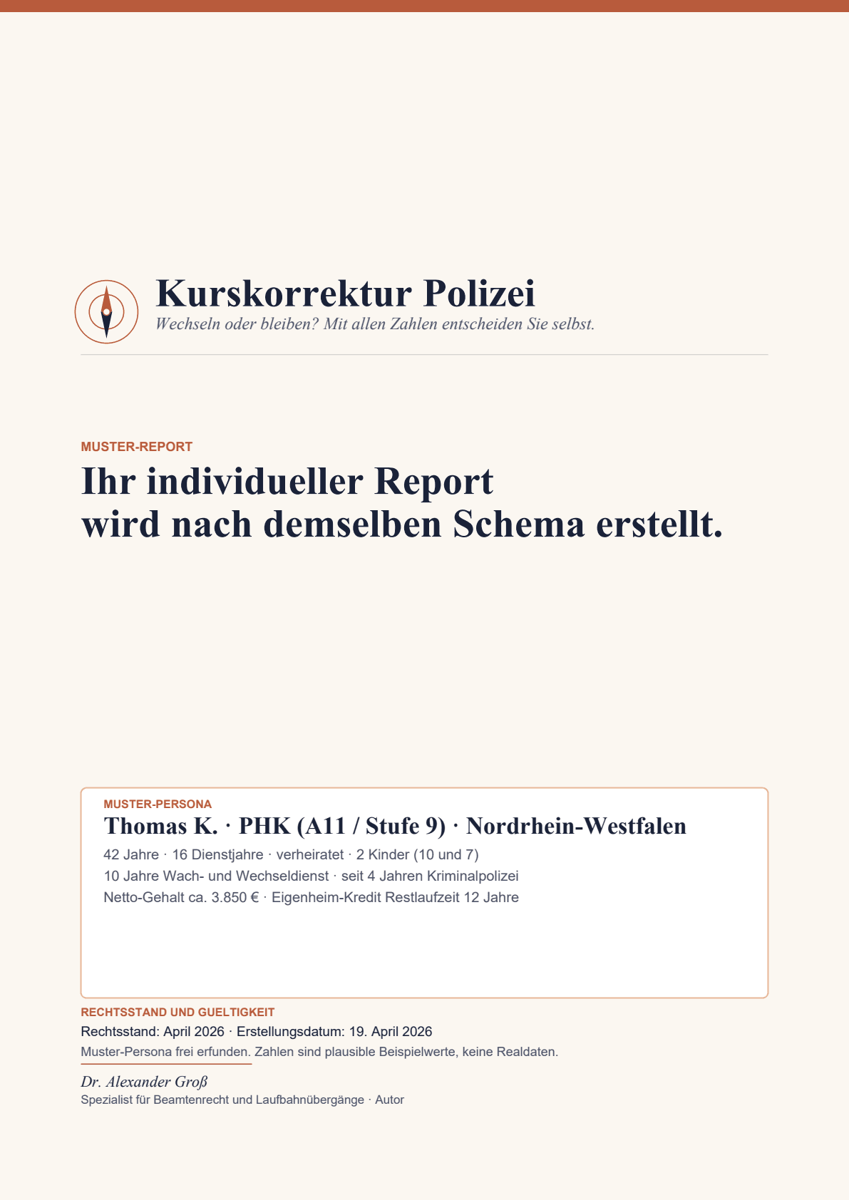 Muster-Report Kurskorrektur Polizei, Seite 1: Deckblatt — Ihre Persona