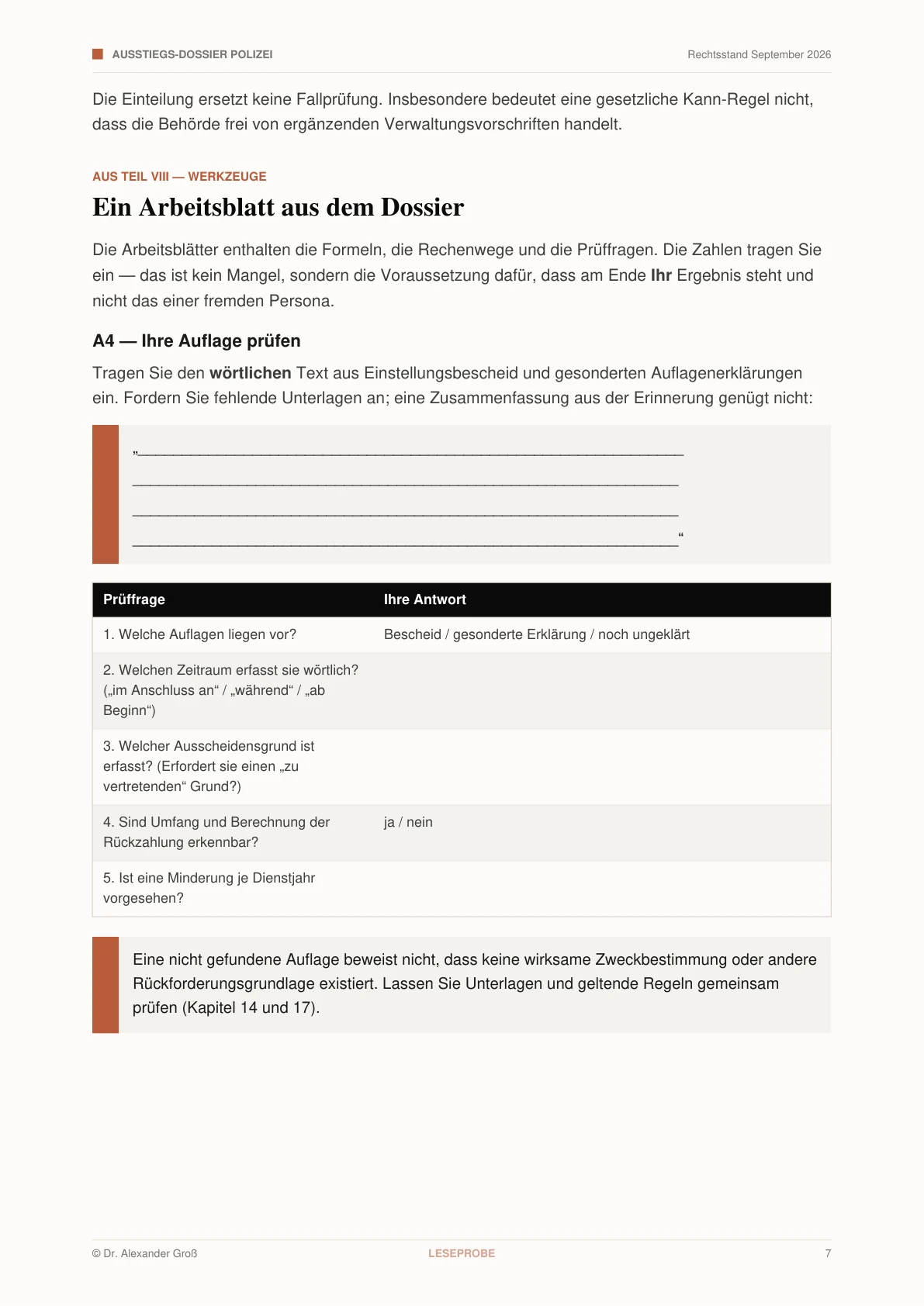 Originalseite aus der Leseprobe: Arbeitsblatt A4 „Ihre Auflage prüfen“ mit Fragen und Feldern für eigene Angaben.